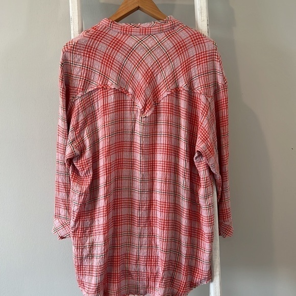 Free people distressed plaid button up tunic dress oversized xs - Picture 9 of 9